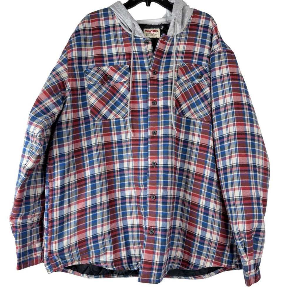 Wrangler Authentics Men's Plaid Flannel Lined Hooded Shirt Jacket 2XL Western
